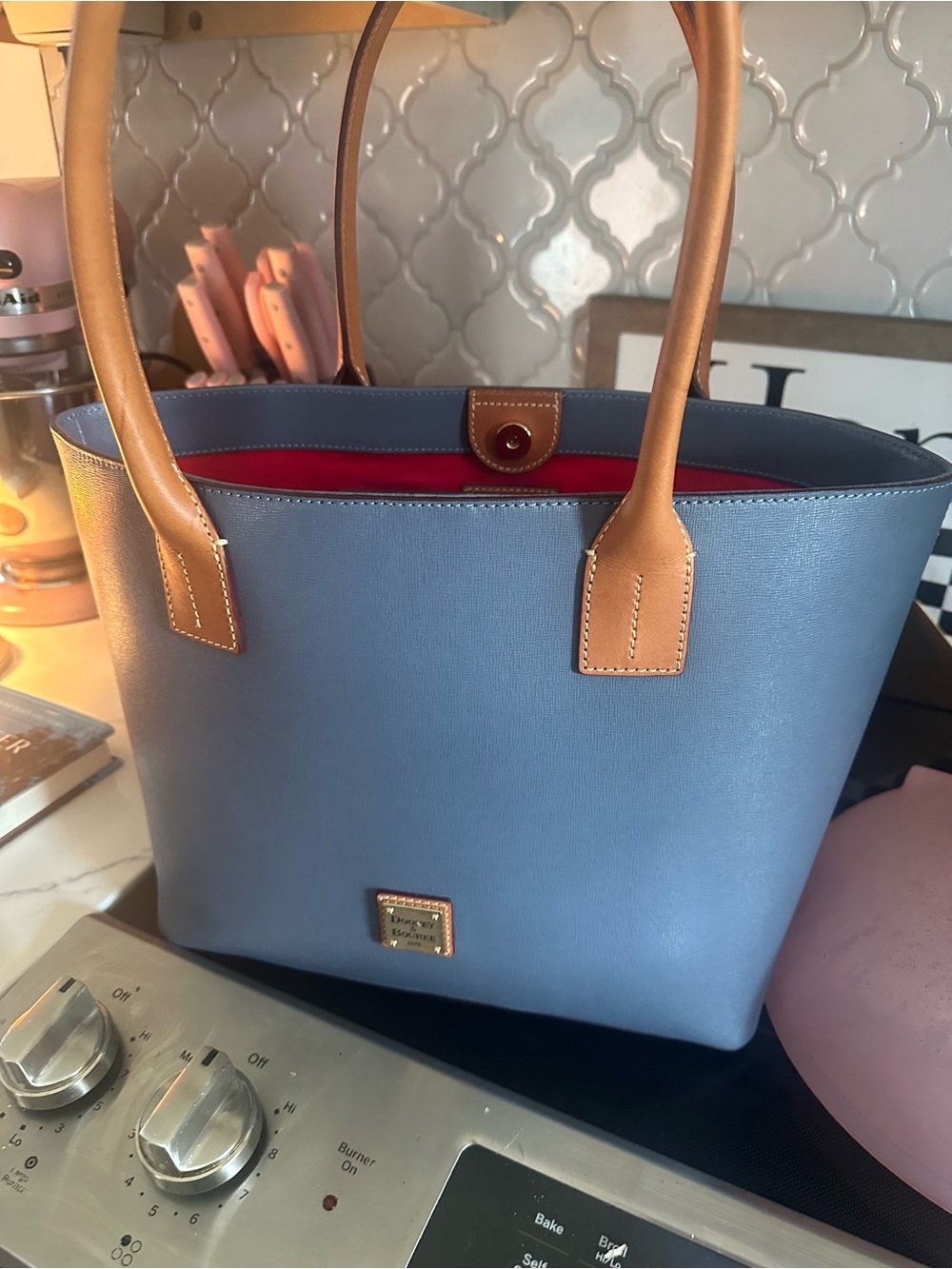 Dooney & Bourke Light Blue Tote with Tan Handles and Red Interior